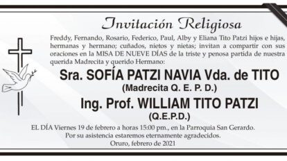 Invitación Religiosa a la misa de nueve días por Sra. Sofía Patzi Navia