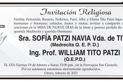 Invitación Religiosa a la misa de nueve días por Sra. Sofía Patzi Navia