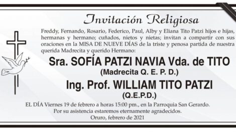 Invitación Religiosa a la misa de nueve días por Sra. Sofía Patzi Navia