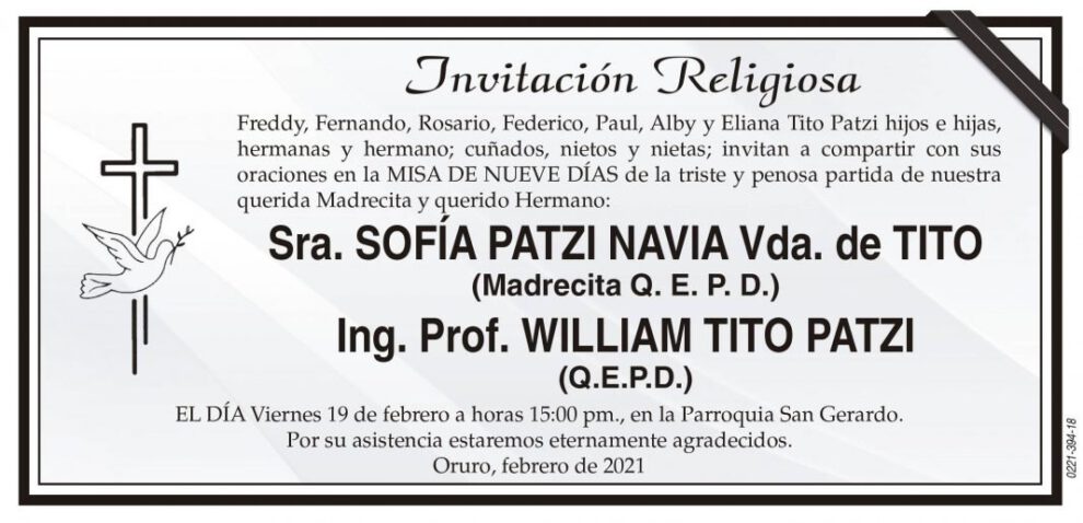 Invitación Religiosa a la misa de nueve días por Sra. Sofía Patzi Navia
