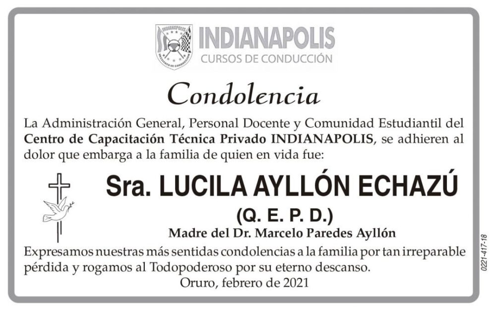 Condolencia por Lucila Ayllón Echazú
