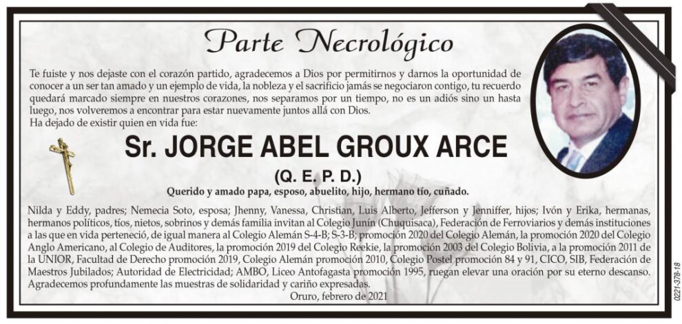 Necrológico de Jorge Abel Groux Arce