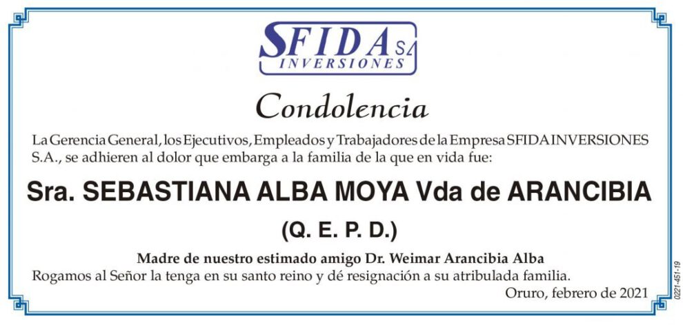 Condolencia por la Sra. Sebastiana Alba Moya