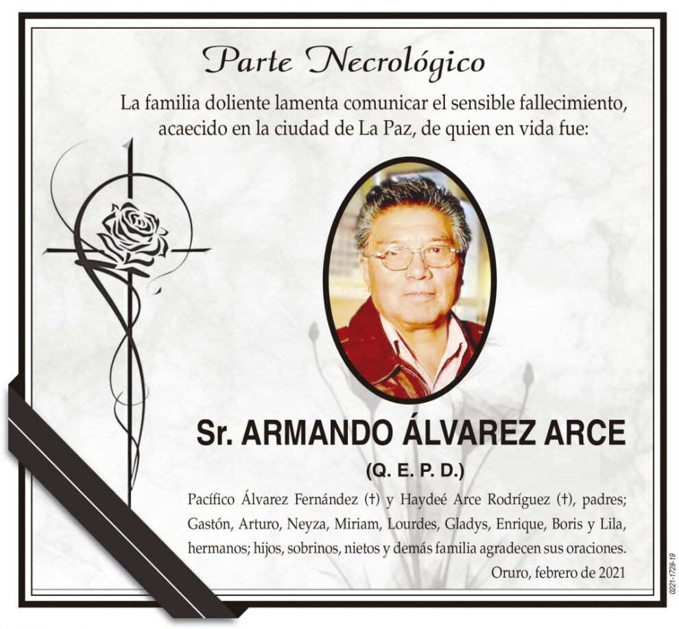 Parte Necrológico de Armando Álvarez Arce