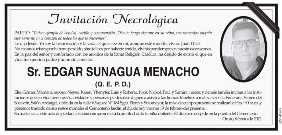 Invitación Necrológica: Sr. Edgar Sunagua Menacho