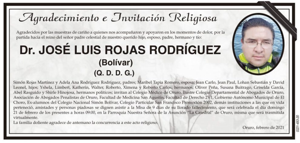 Agradecimiento e Invitación Religiosa: Dr. José Luis Rojas Rodríguez