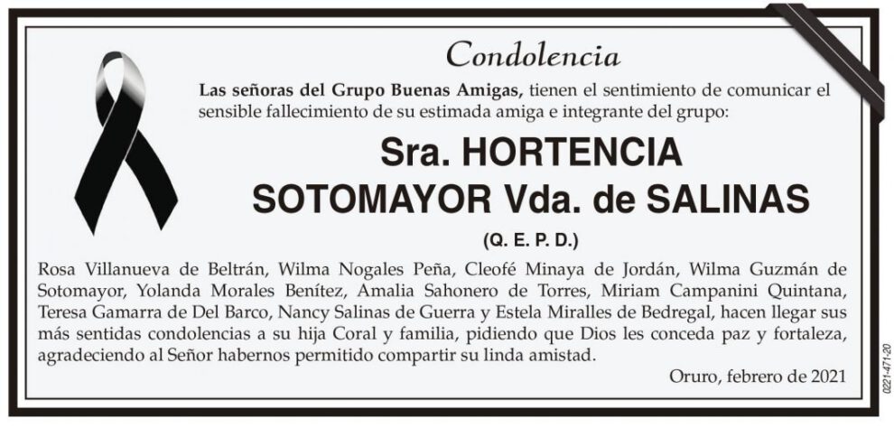 Condolencia por el fallecimiento de Hortencia Sotomayor