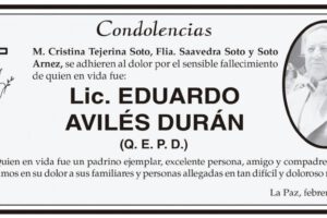 Condolencias por el fallecimiento de Lic. Eduardo Avilés Durán