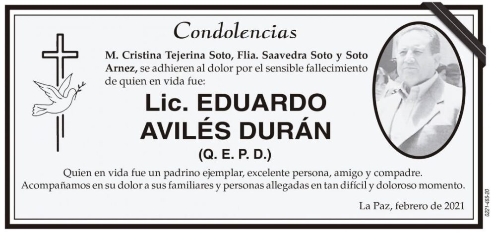 Condolencias por el fallecimiento de Lic. Eduardo Avilés Durán