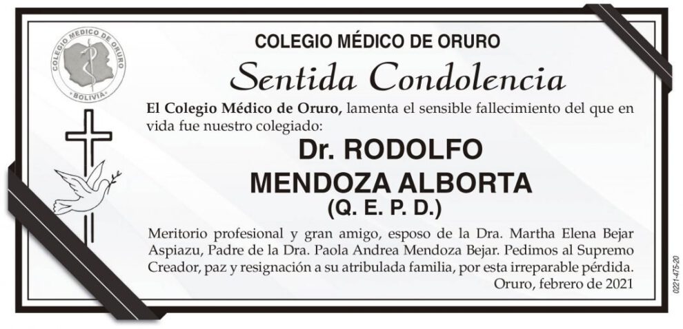 Condolencias por el fallecimiento del Dr. Rodolfo Mendoza Alborta