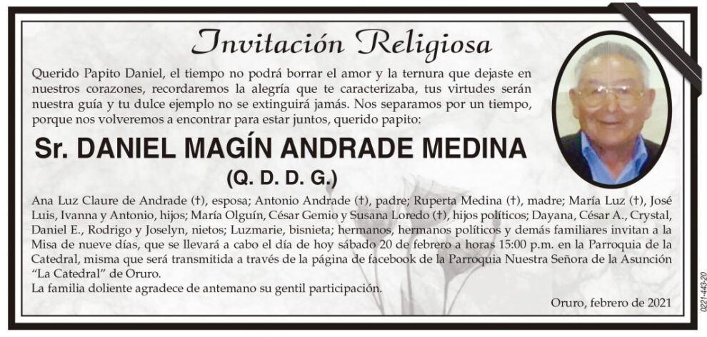 Invitación Religiosa para Daniel Magín Andrade Medina