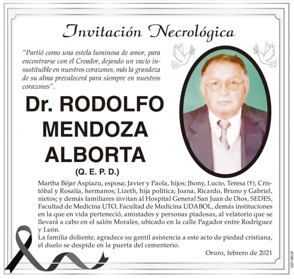 Invitación Necrológica: Dr. Rodolfo Mendoza Alborta