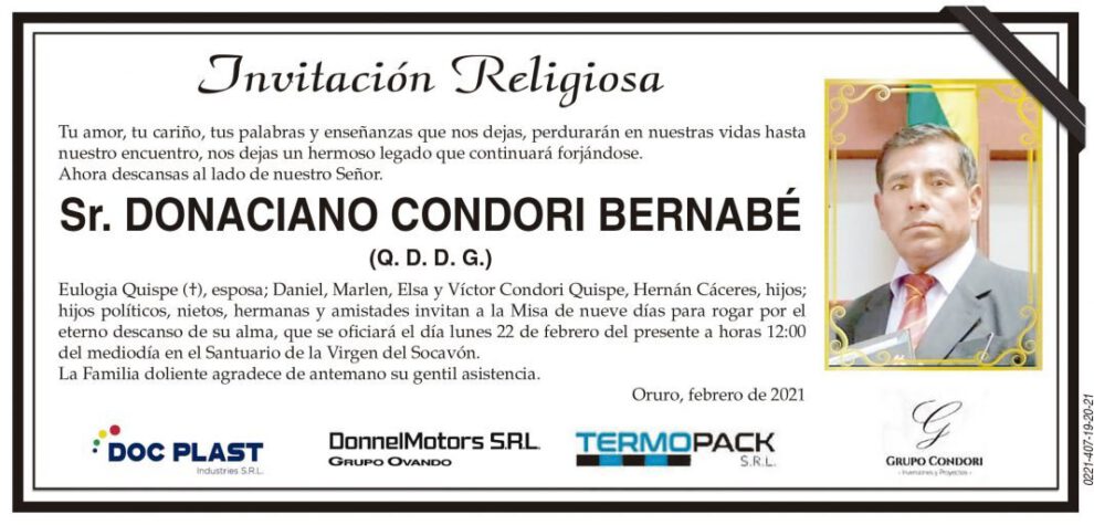Invitación Religiosa para Donaciano Condori Bernabé
