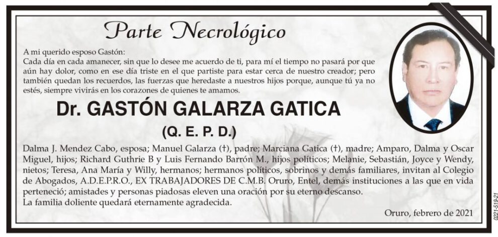 Parte Necrológico de Dr. Gastón Galarza Gatica