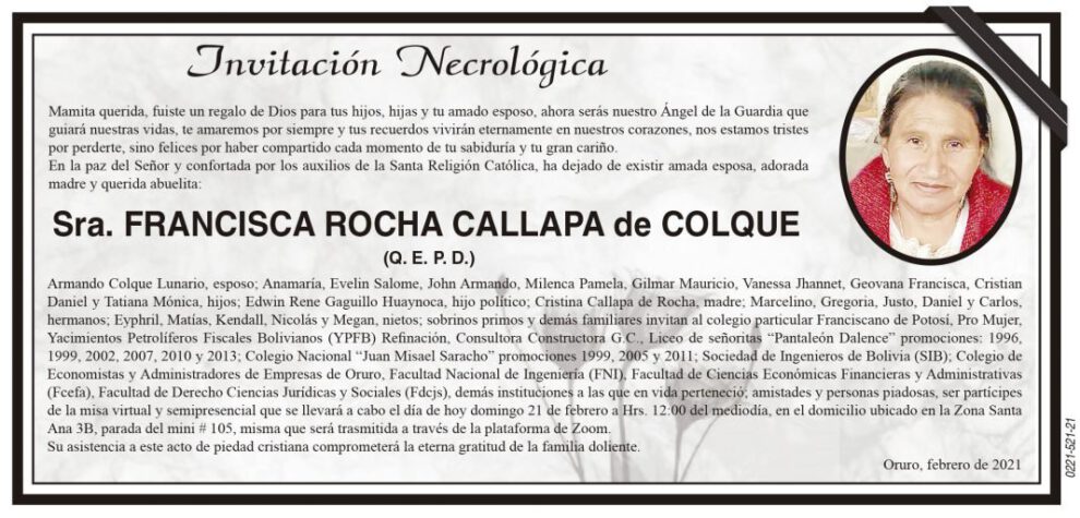 Invitación Necrológica de Francisca Rocha Callapa