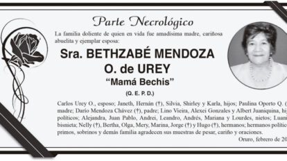 Parte Necrológico de Bethsabé Mendoza O. de Urey