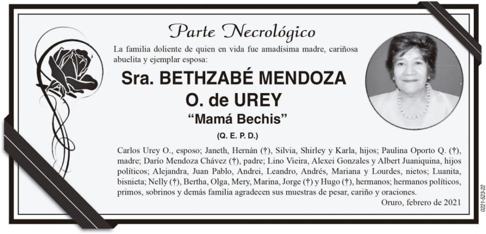 Parte Necrológico de Bethsabé Mendoza O. de Urey