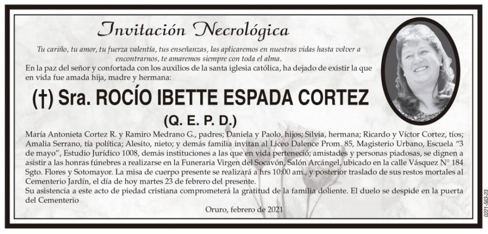Invitación Necrológica de Rocío Ibette Espada Cortez