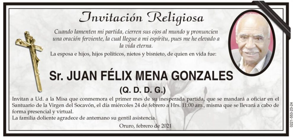 Invitación Religiosa para Juan Félix Mena Gonzales