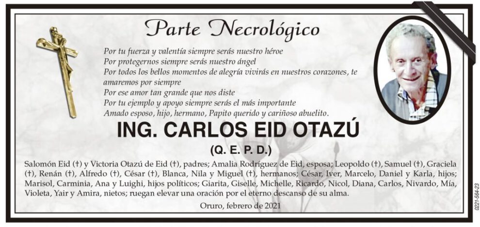 Parte Necrológico de Ing. Carlos Eid Otazú