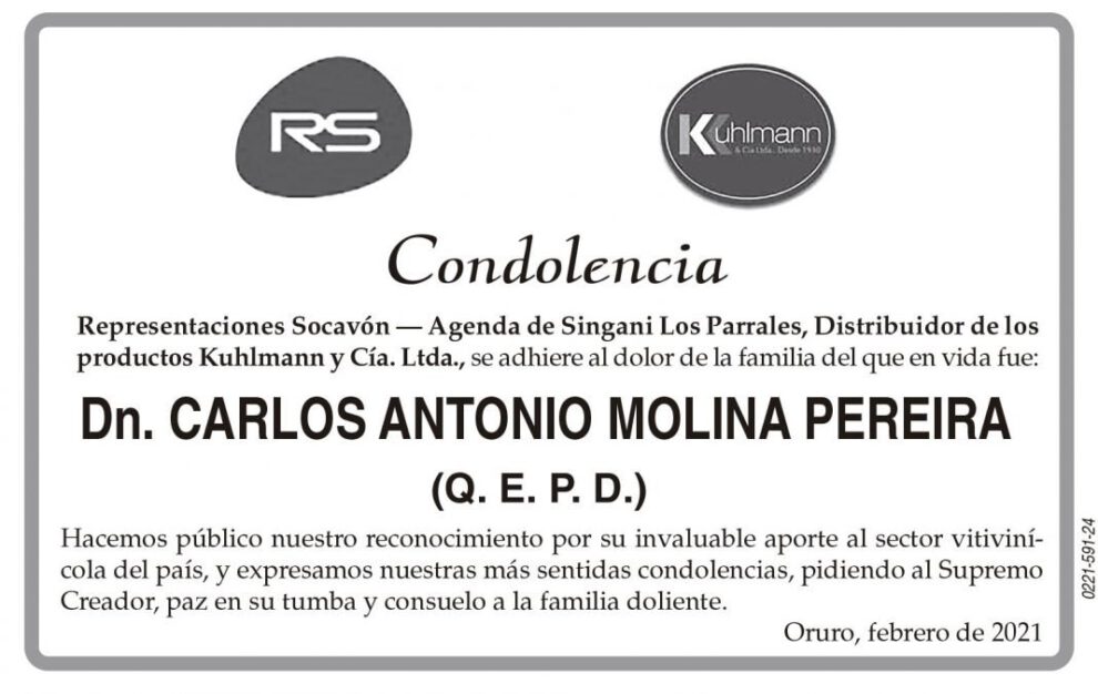Condolencia por Carlos Antonio Molina Pereira