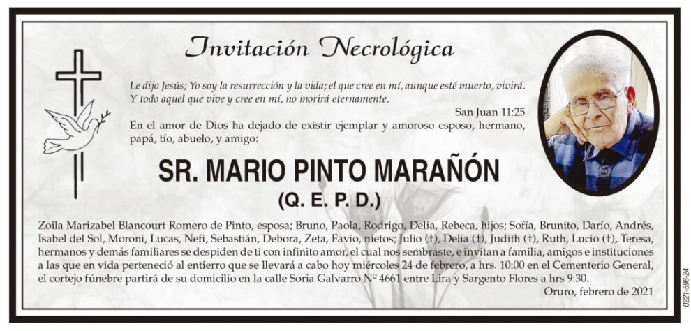 Invitación Necrológica de Mario Pinto Marañón