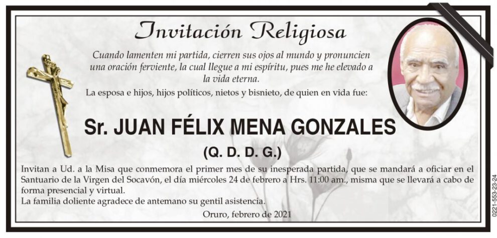 Invitación Religiosa para Juan Félix Mena Gonzales
