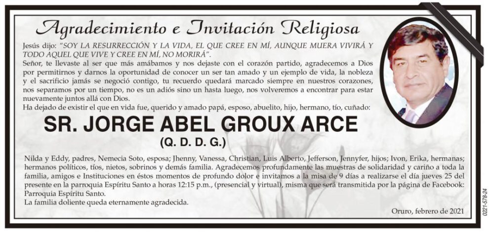 Agradecimiento e Invitación Religiosa por Jorge Abel Groux Arce