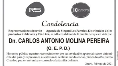 Condolencia por Carlos Antonio Molina Pereira