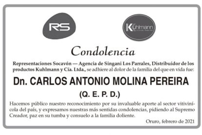 Condolencia por Carlos Antonio Molina Pereira