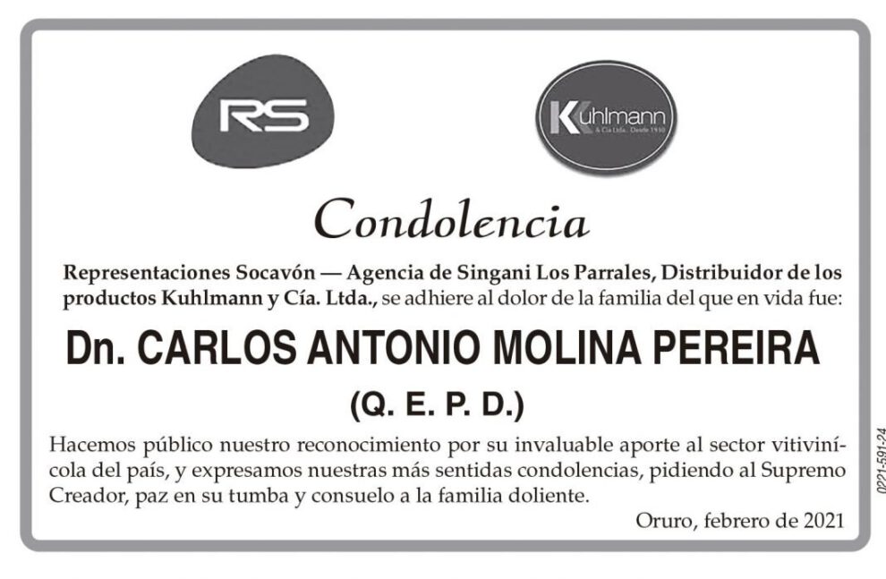 Condolencia por Carlos Antonio Molina Pereira
