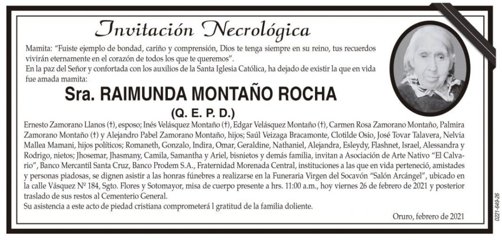 Invitación Necrológica de Raimunda Montaño Rocha