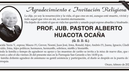 Agradecimiento e Invitación Religiosa por el Prof. Jub. PASTOR ALBERTO HUACOTA OCAÑA