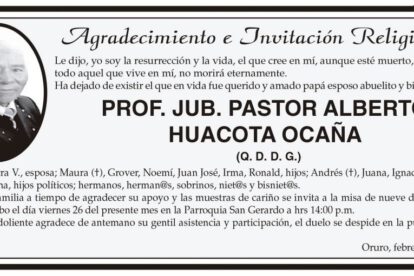 Agradecimiento e Invitación Religiosa por el Prof. Jub. PASTOR ALBERTO HUACOTA OCAÑA
