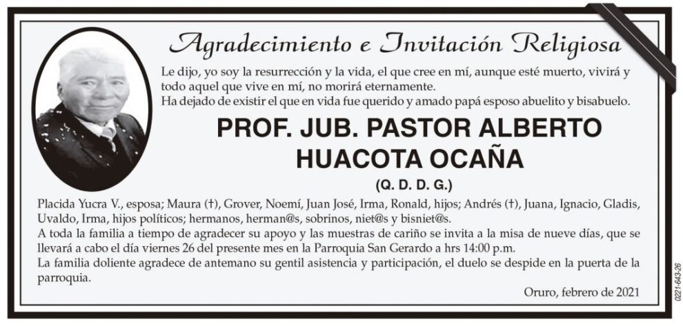 Agradecimiento e Invitación Religiosa por el Prof. Jub. PASTOR ALBERTO HUACOTA OCAÑA