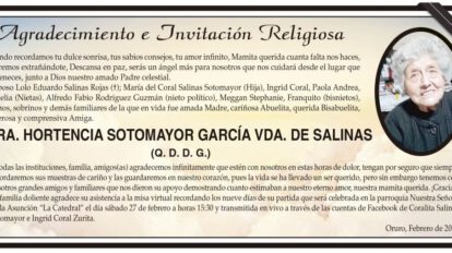 Agradecimiento e Invitación Religiosa por la SRA. HORTENCIA SOTOMAYOR GARCÍA