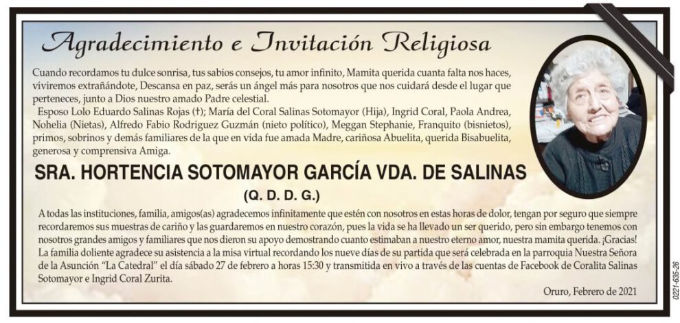 Agradecimiento e Invitación Religiosa por la SRA. HORTENCIA SOTOMAYOR GARCÍA
