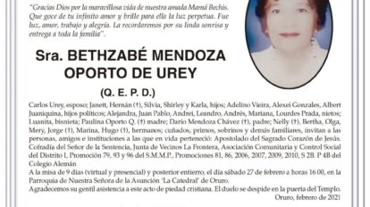 Invitación Necrológica de Bethzabé Mendoza Oporto de Urey