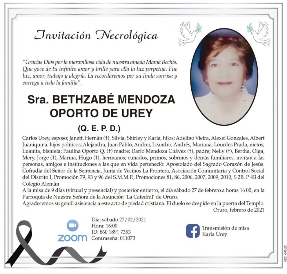 Invitación Necrológica de Bethzabé Mendoza Oporto de Urey