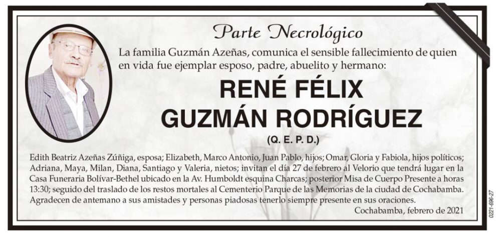 Parte Necrológico de René Félix Guzmán Rodríguez