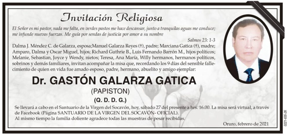 Invitación Religiosa: Dr. Gastón Galarza Gatica