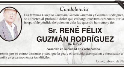 Condolencia por la pérdida de René Félix Guzmán Rodríguez