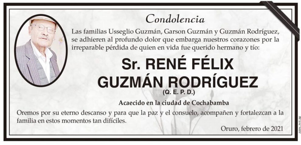 Condolencia por la pérdida de René Félix Guzmán Rodríguez