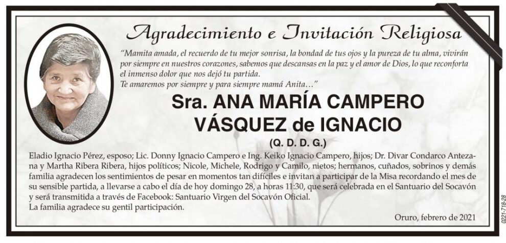 Agradecimiento e Invitación Religiosa por Ana María Campero Vásquez