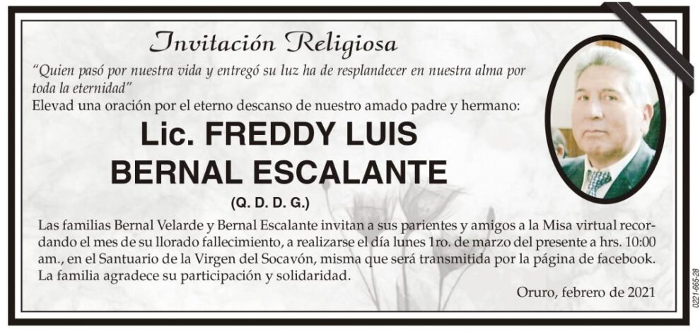 Lic. Freddy Luis Bernal Escalante, invitación a misa virtual
