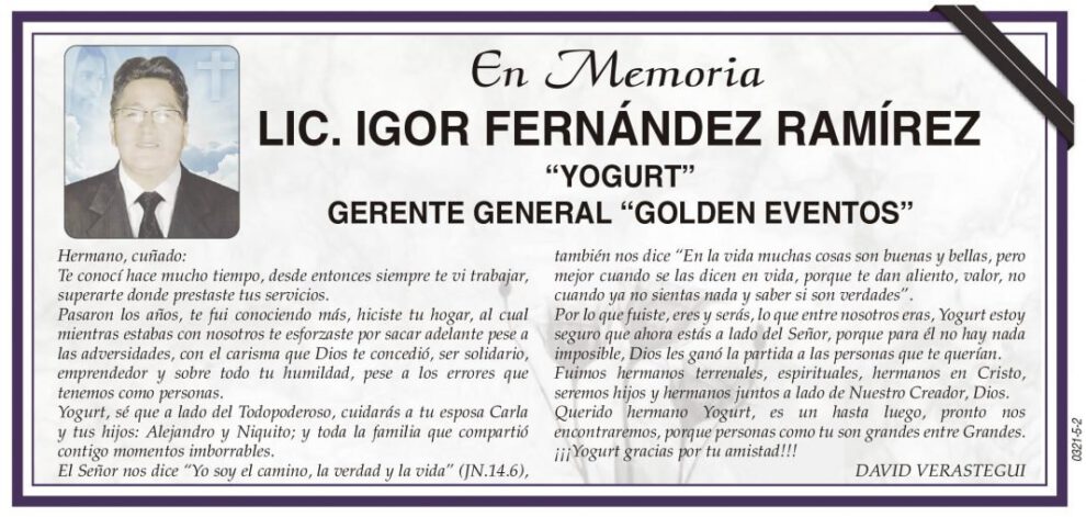 Obituario de Lic. Igor Fernández Ramírez