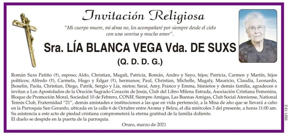 Lía Blanca Vega Vda. de Suxs invitación religiosa
