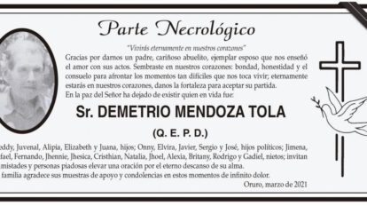 Necrológico de Demetrio Mendoza Tola