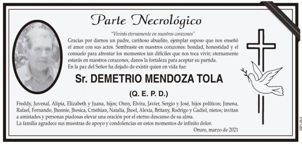 Necrológico de Demetrio Mendoza Tola