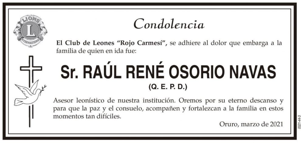 Condolencia por Raúl René Osorio Navas